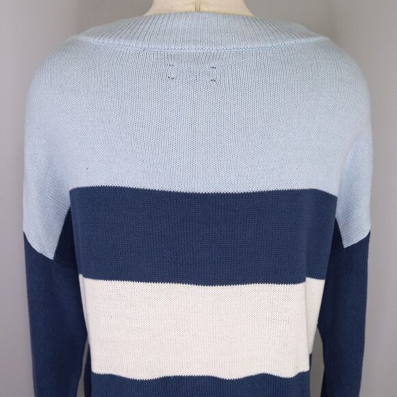 Lucky Brand Sweater Womens Large Blue White Stripe Cotton Colorblock Nautical - Picture 9 of 12